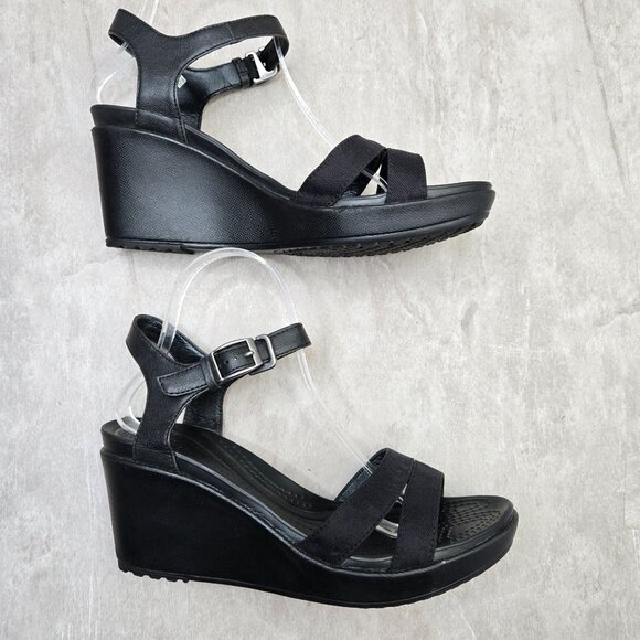 Crocs Ankle Strap Wedge Sandal 9 Black Open Toe Strappy Retro Comfort Platform - Picture 5 of 11